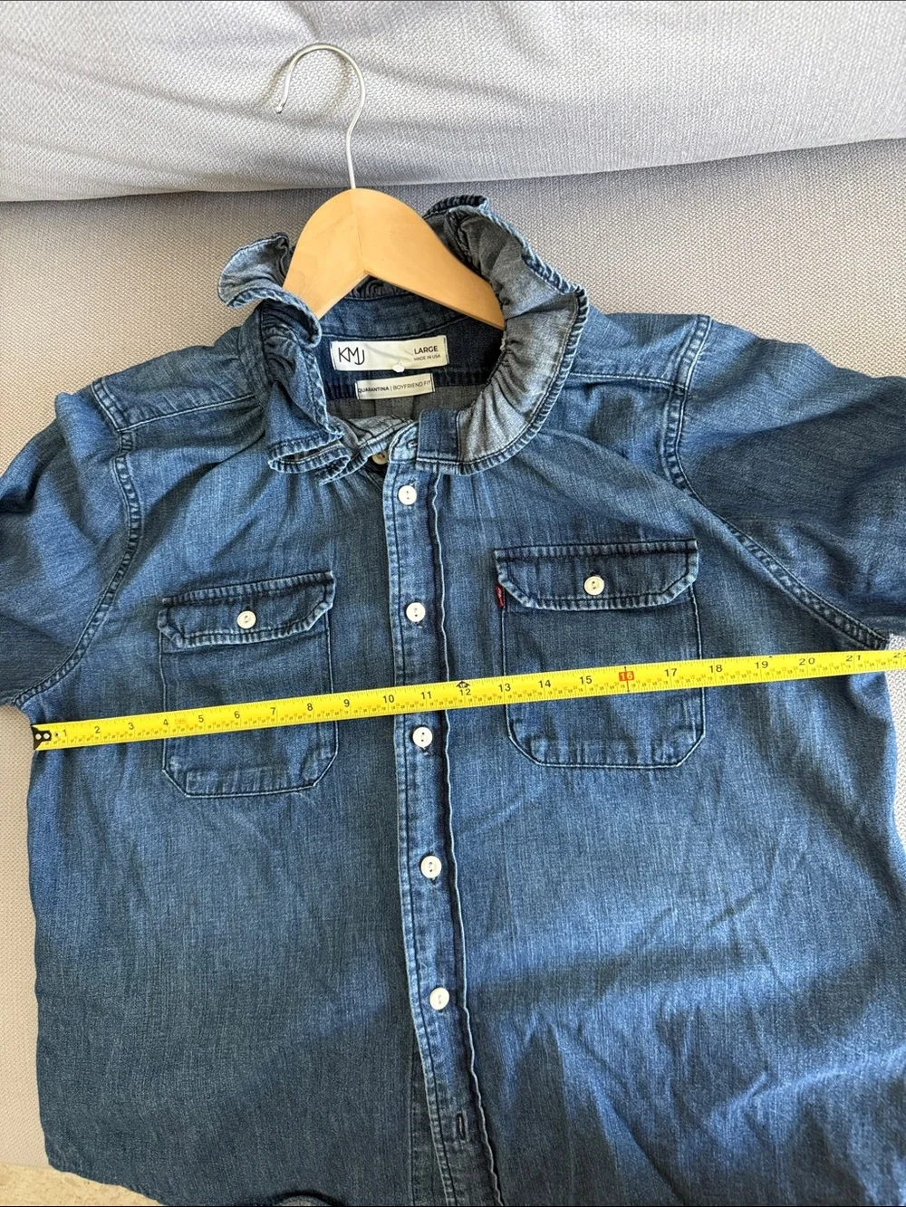 KML Ruffled Collar Denim Button-Up Shirt - Blue Size L - Picture 6 of 10